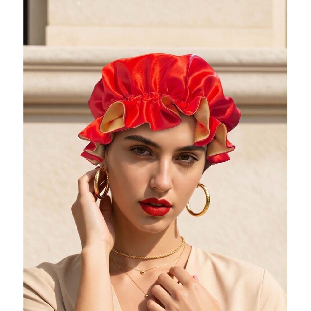 Reversible Satin Sleep Bonnet Hat – Red & Yellow– Extra Large, Elastic Fit